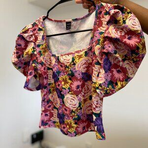 SHEIN Privé Square Neck Puff Sleeve Floral Print Top